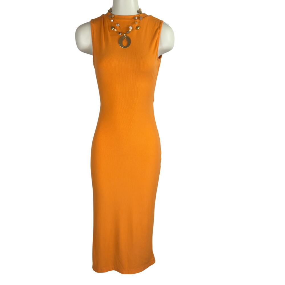 Bodycon Back CutOut Midi Dress Sleeveless Side-Slit Orange Ribbed Small Sporty